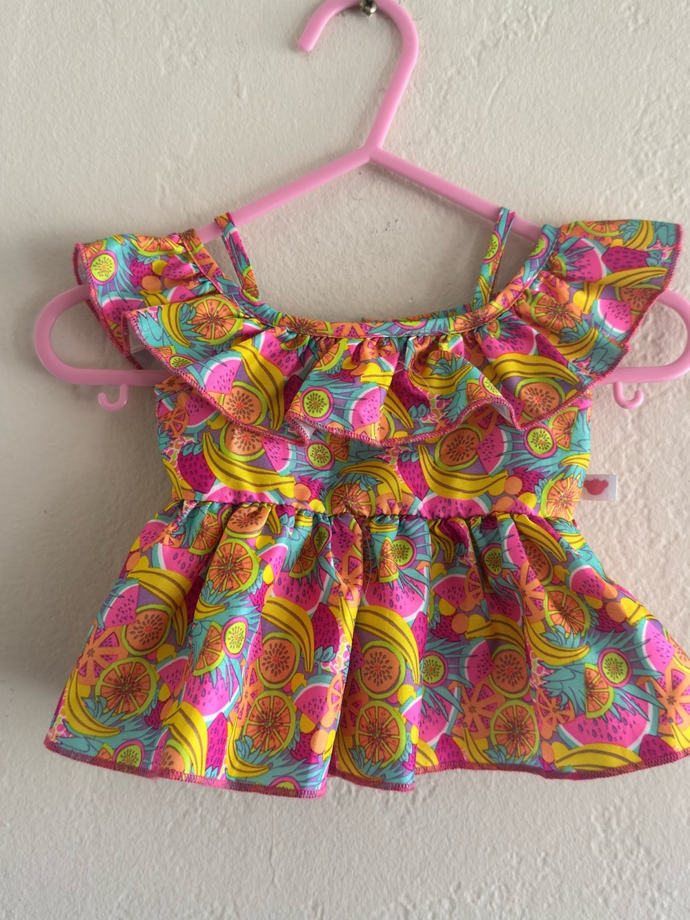 Build-A-Bear Pink Tropical Fruit Ruffle Dress Top and Rainbow dress